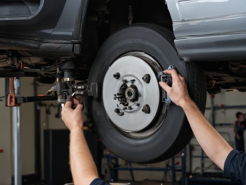 Mechanic performing brake service on vehicle
