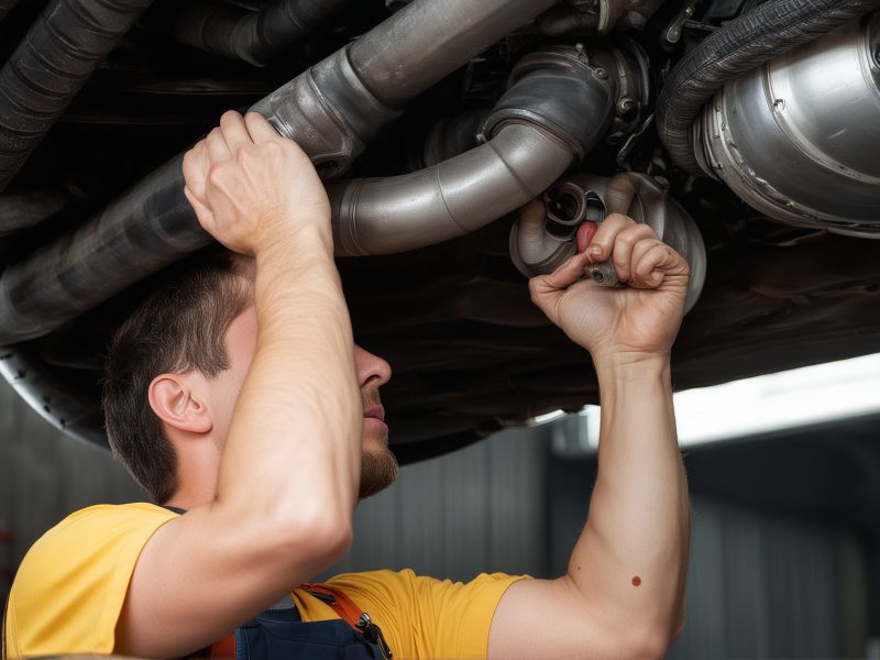Professional mechanic working on vehicle exhaust system