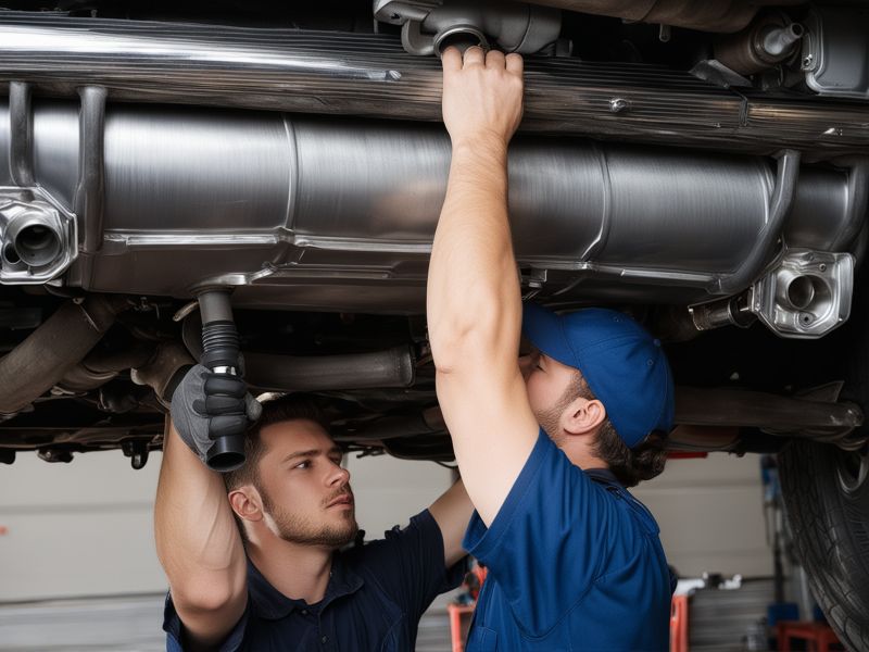 Professional mechanic installing muffler on vehicle